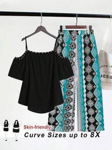 SHEIN CURVE+ Plus Size Women Summer Open Shoulder Short Sleeve Blouse And Floral Print Wide Leg Pants 2 Pieces Set Boho Vacation