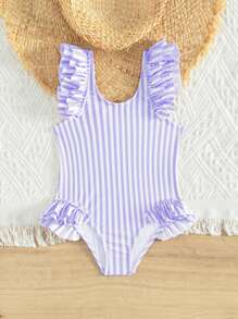 SHEIN Young Girl Swimsuit/Random Stripe/Ruffled Unlined/One-Piece Swimwear - Multicolor - View 4