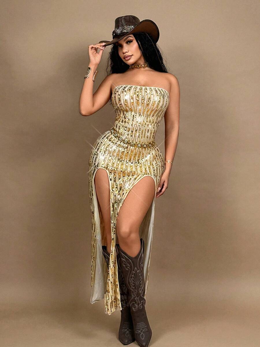 SHEIN SXY 女士性感亮片高开叉露肩连衣裙、女士礼服、女士性感俱乐部服装、女士西装、女士音乐会服装、狂欢、节日、管状、亮片、纳什维尔服装、金色