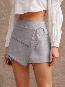 L'Amorae Shorts de falda con decoración de metal de unicolor, diseño minimalista de moda para mujeres