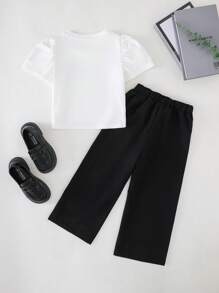 PrepCrw Set van 2 stuks met gebreid T-shirt met borduursel en geweven lange broek in lente-/zomerstijl voor jonge meisjes