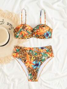 SHEIN Women Summer Floral & Animal Print Spaghetti Strap Top And High Waist Bikini Swimwear 2 Pieces Set Beachwear Outfits - Multicolor - View 7