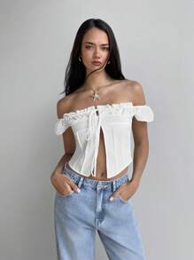 Aloruh Women's White Elegant Summer Vacation Holiday Off Shoulder Short Sleeve Blouse,Minimalist Fashionable Spring Crop Top Business Casual Y2k - White - View 3