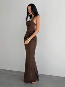 Aloruh Women's Tight-Fitting Lace Hollow Cutout Floral Print Brown Metal Buckle Maxi Dress With High Slit, Suitable For Spring/Summer Vacation