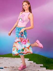 SHEIN X Care Bears 可爱卡通欢呼熊、好运熊、欢乐熊、分享熊、爱心熊和爱心印花涤纶可折叠购物袋、手提袋，配有带珠链的小储物袋，可挂在包上，友谊 - 彩色 - 查看 7