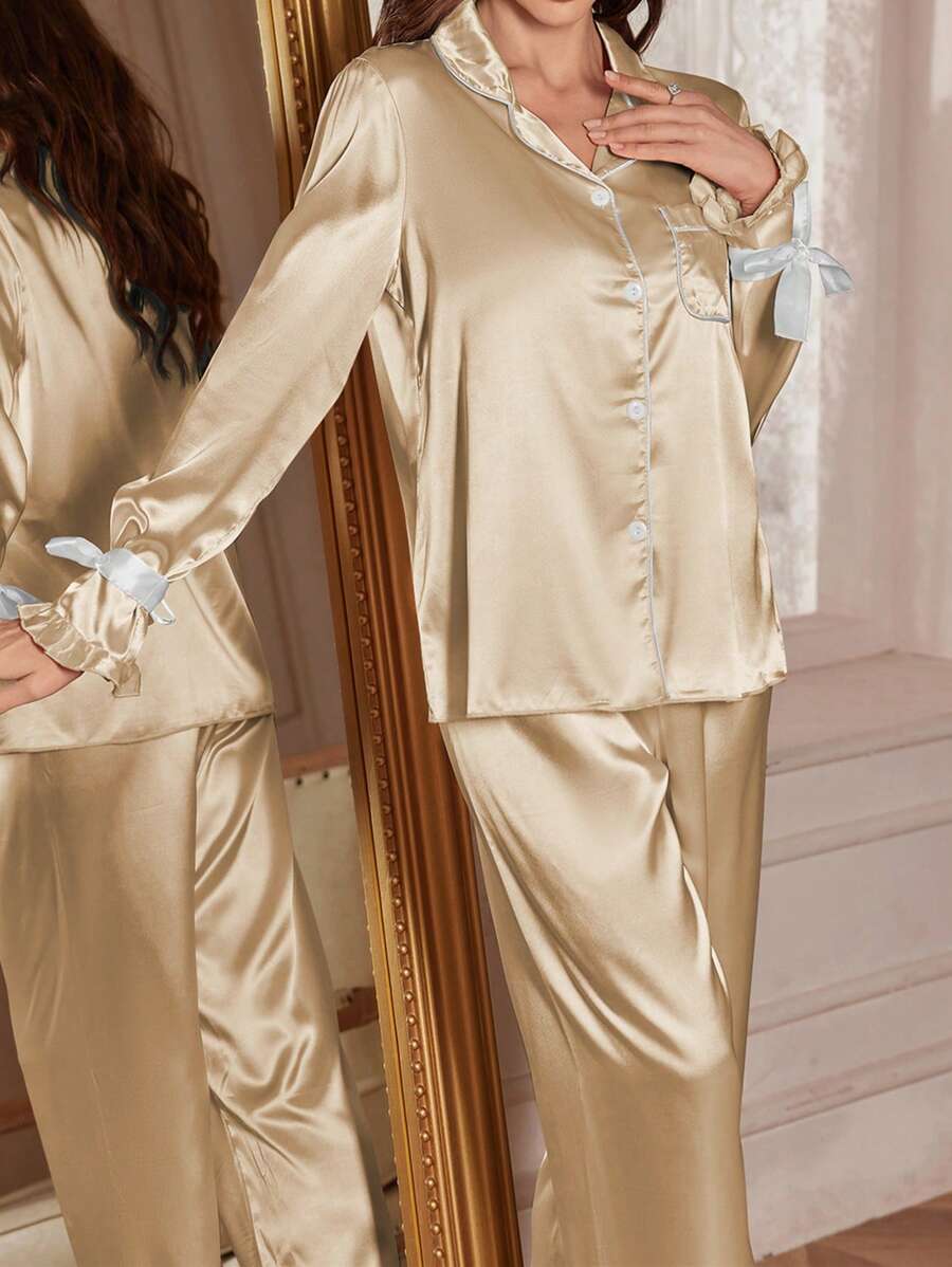 1 Set Solid Color Faux Silk Cuff Tie Design Long Pants And Long Sleeve Sleepwear Set - Champagne - View 1
