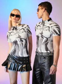 FeverCity 男女同款街头风机械印花针织插肩袖短款圆领修身短款 T 恤，时尚，夏季 - 彩色 - 查看 6