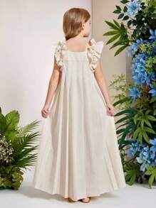 SHEIN Leap Crew Tween Girls Ruched Ruffle Hem Solid Dress, Fashionable French Elegant Dress, Suitable For Back To School, Spring Outing, Vacation, Casual Outings, Minimalist Vacation Style - Beige - View 6