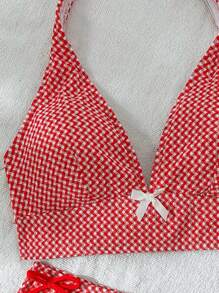 SHEIN Conjunto de 2 piezas de traje de baño para adolescentes con escote de corbata, corte lateral y estampado rojo a cuadros para vacaciones en la playa, trajes de baño de 2 piezas, bikinis para adolescentes, trajes de baño de 2 piezas para niñas