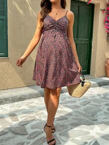 SHEIN Maternity Ditsy Floral Drawstring Front Cut Out Cami Dress, Spring Summer Vacation Dress - Multicolor - View 1