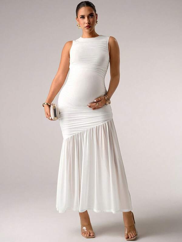 MaterniChic Vestido sin mangas de unicolor con cuello redondo y dobladillo con volantes para maternidad