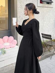 DAZY Surplice Neck Bishop Sleeve Lace Up Side Dress,Fall Clothes Long Sleeve Dress - Black - View 8