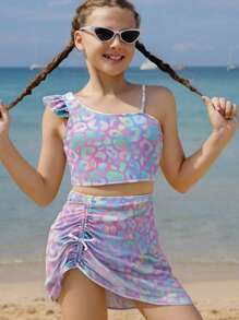 Tween Girl Spring Break Leopard Print Swimwear Bikini Set, Beach Vacation Clothes Outfit - Multicolor - View 7