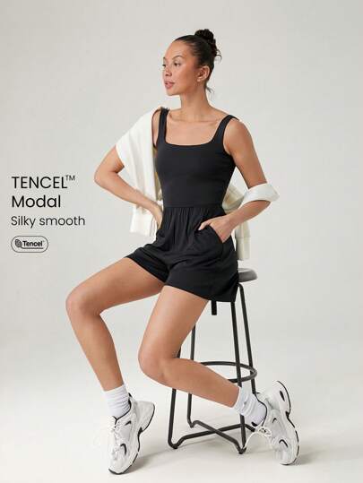 GLOWMODE 4.3 英寸莫代尔丝滑阔腿可调节紧身连体裤带侧袋日常休闲装可拆卸罩杯