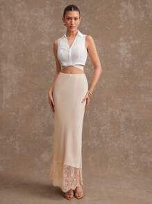 L'Amorae Solid Satin Lace Hem Detail Low Rise Midi Skirt