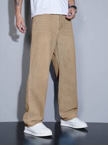 Manfinity Homme Men's Straight Relaxed Fit Multi-Pocket Casual Denim Jeans - Khaki - View 5