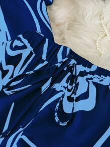 EMERY ROSE 2pcs/Set Plus Size Flowy Abstract Fluid Pattern Print Shirt And Pants - Royal Blue - View 4