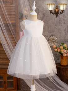 SHEIN Leap Crew Young Girl Solid Color Round Neck Sleeveless Mesh Bow Decor A-Line Dress