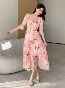 DAZY Women's Mid-Length Floral Crew Neck Drawstring Dress