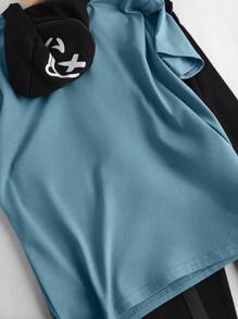 SHEIN Tween Boy Loose Knitted Pattern Style Backpack Round Neck Short Sleeve T-Shirt + Cuffed Long Pants 3-Piece Set - Blue - View 5