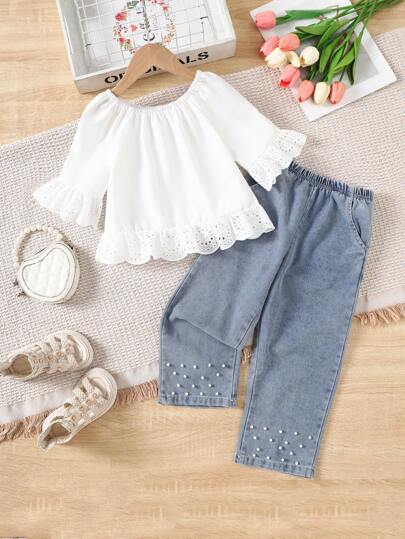 SHEIN 2pcs/Set Tween Girls Ruffle Trim Off-Shoulder Top & Pearls Embellished Denim Pants, Cute Outfit For Summer Casual Wear Summer Holiday