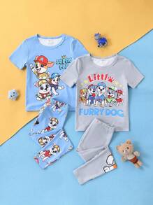 SHEIN Young Boy Dog Print Short Sleeve & Long Pants Tight Fitting Pajama Set - Multicolor - View 1