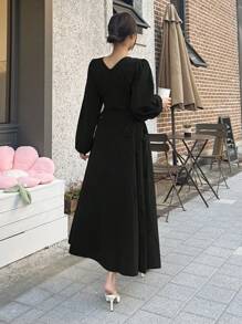 DAZY Surplice Neck Bishop Sleeve Lace Up Side Dress,Fall Clothes Long Sleeve Dress - Black - View 2