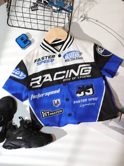 1 Pc Young Boy Street Fashionable And Handsome Personalized Splicing Color Contrasting Sports Style Motorcycle Suit Loose Fit Round Neck Short Sleeved Woven Shirt, Suitable For Spring And Summer Seasons, Daily Life, Sports, Campus, Gatherings, Festivals, Performances, Photography, Back To School Season