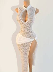 Mistrie 女士性感镂空侧开叉旗袍领蕾丝连衣裙 - 白色 - 查看 3