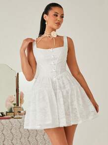 Enchnt 女士优雅纯色蕾丝蝴蝶结装饰连衣裙 - 白色 - 查看 1