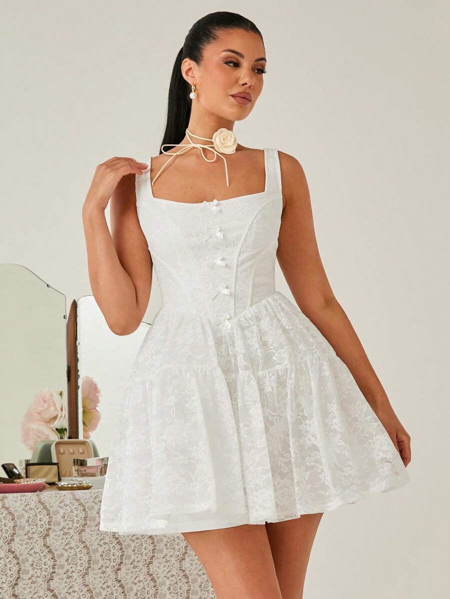 Enchnt 女士优雅纯色蕾丝蝴蝶结装饰连衣裙 - 白色 - 查看 1