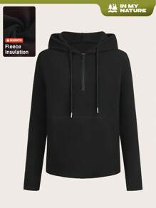 Women's Solid Color Zip-Up Half Placket Long Sleeve Hooded Outdoor Sports Sweatshirt - Black - View 1