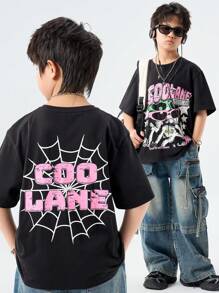 SHEIN Camiseta de manga corta informal con estampado de letras personalizado para niño preadolescente en primavera/verano