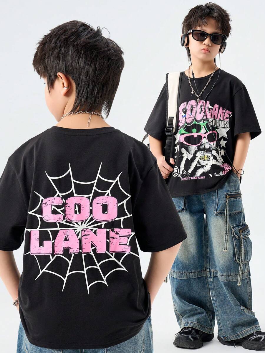 SHEIN Camiseta de manga corta informal con estampado de letras personalizado para niño preadolescente en primavera/verano
