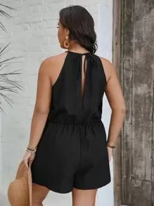SHEIN VCAY Bộ đồ liền thân buộc eo màu trơn cỡ lớn cho nữ - màu đen - Xem 2
