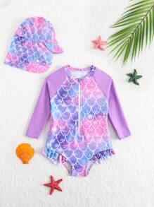 SHEIN Baby Girls 1-Piece Swimsuit With Random Print And Ruffle Trim (Includes Swimming Cap) - Multicolor - View 1
