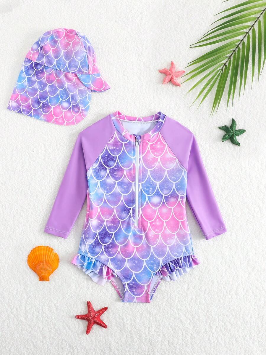 SHEIN Baby Girls 1-Piece Swimsuit With Random Print And Ruffle Trim (Includes Swimming Cap) - Multicolor - View 1