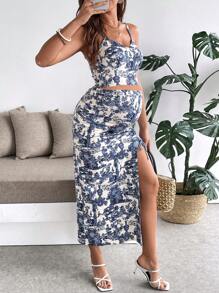 SHEIN 2pcs Maternity Summer Outfit Set - Simple Stylish Top And Skirt - Blue and White - View 4