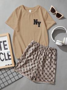 SHEIN Tween Boys Letter Print Casual T-Shirt & Shorts Set, Suitable For Summer - Khaki - View 2
