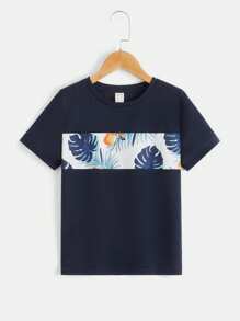 SHEIN Tween Boys' Summer Casual Tropical Print Knit Short Sleeve Round Neck T-Shirt - Navy Blue - View 1
