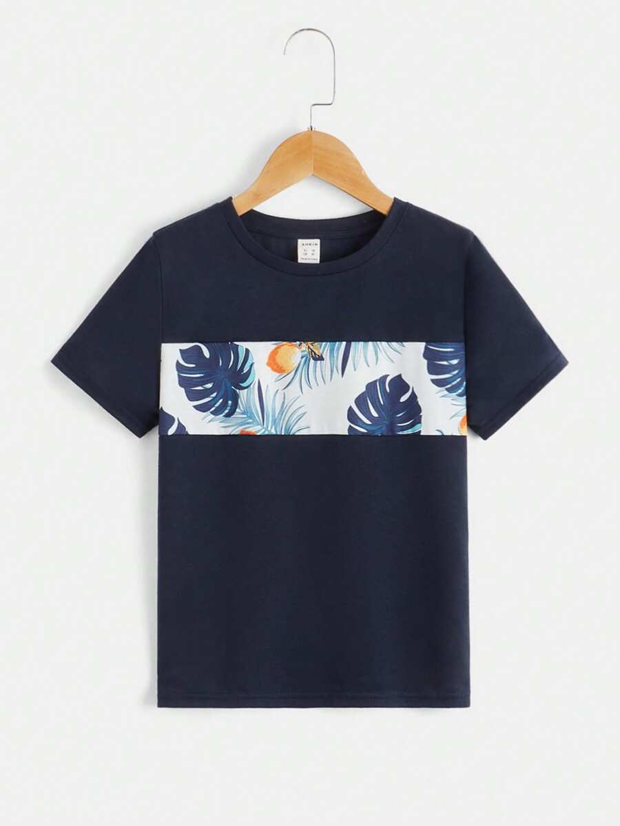 SHEIN Tween Boys' Summer Casual Tropical Print Knit Short Sleeve Round Neck T-Shirt - Navy Blue - View 1