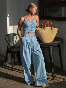 Livesso 女式牛仔吊带背心和阔腿裤两件套 - 淺色水洗藍 - 查看 3