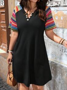 SHEIN LUNE Women's Casual V-Neck Patchwork Button Decor Dress, Spring/Summer - Black - View 3