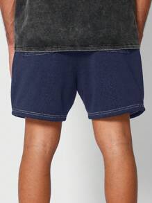 SUMWON Athletic Drop Crotch Shorts With Contrast Stitching, Drawstring Waist, Summer Beach Sport Lounge Casual Basketball Running Training Workout Shorts - Navy Blue - View 5