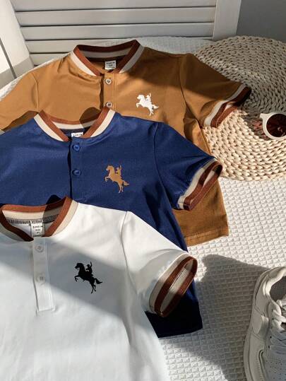 SHEIN 3pcs Young Boy Color Block Shoulder Stripe Print Polo Shirts, Suitable For Holidays, Outings And School Outfits