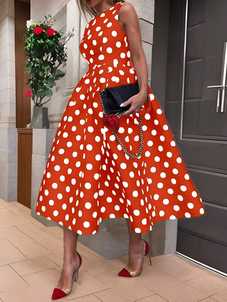 Chiquease 1 Pc Women Sleeveless Slim Waist Polka Dot A-Line Dress, Black Work Office Dress Maxi Women Outfit - Red - View 1