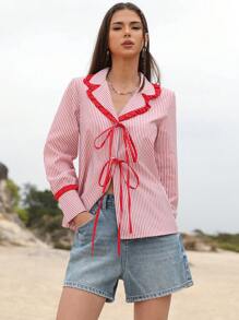 SHEIN Unity Romantic Striped Casual Versatile Collared Contrast Ruffle Hem Bowknot Front Long Sleeve Shirt Fall Cloth For Women - Multicolor - View 4