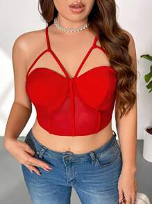 Firerie 优雅办公室女士 OL 大码性感网眼拼接镂空设计吊带背心，适合通勤、工作场所、高端场所、下午茶、约会、音乐表演、派对、INS 热门、节日、新年、派对、优雅办公室仙女上衣 - 紅色 - 查看 6