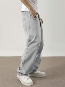 Chillumni Men Slant Pocket Wide Leg Jeans Simple Fashion - Grey - View 7