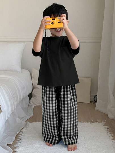 Dazy Kids 2 件套幼儿男童纯色针织短袖 T 恤 + 格纹梭织裤家居服套装，春夏
